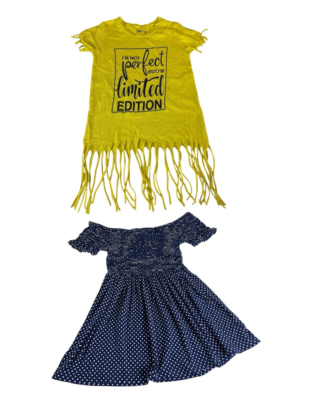 On Fire Yellow Fringe Tee Dress + Navy Polka Dot Off-Shoulder top 10 (m)